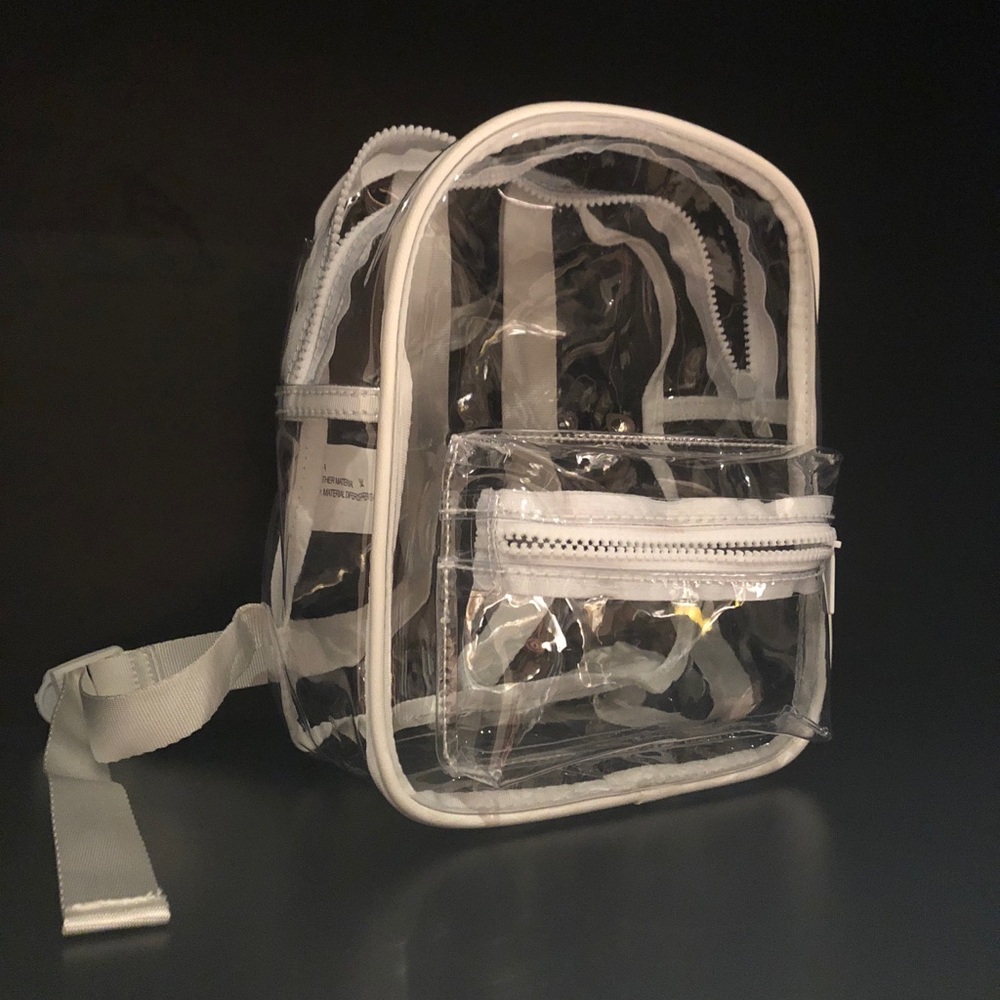 Clear mini backpack with white trim